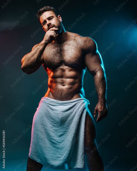 Big Muscled Man In White Towel Handsome Hunk Posing Is Studio Naked Male Model With Muscles
