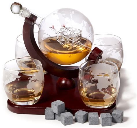 Elegant Whiskey Decanter Set Etched Globe Design With 4 Glasses On
