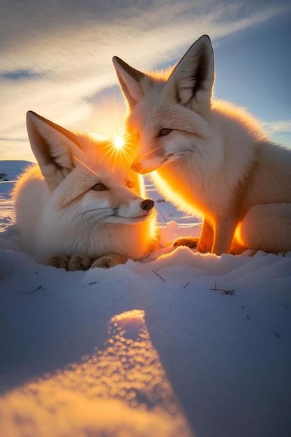 Premium Ai Image Couple Of Foxes Sitting Next To Each Other In The Snow Generative Ai