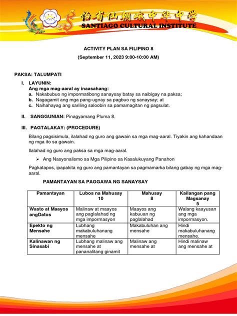 Activity Plan Fil 8 Talumpati Pdf