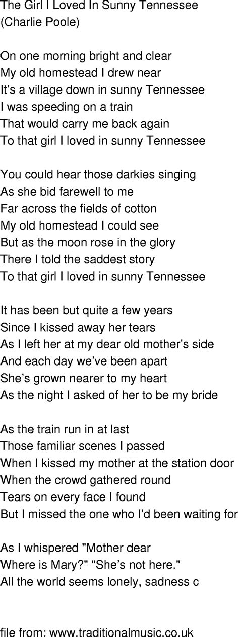 Old Time Song Lyrics The Girl I Loved In Sunny Tennessee