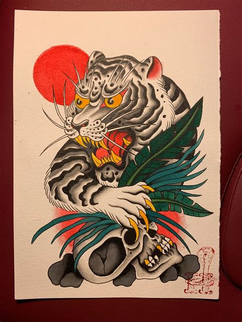 Tiger Skull Painting Tattoo Flash Etsy