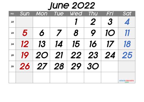 Free June 2022 Calendar With Week Numbers