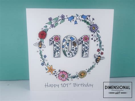 101st Birthday Card Flowers And Bees Happy 101st Birthday Etsy Uk