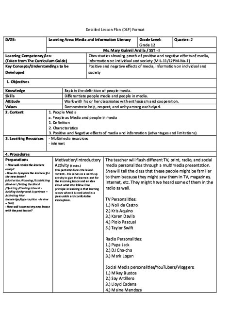 Doc Detailed Lesson Plan Dlp Format Date Learning Area Media And