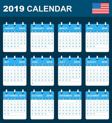 Usa Calendar For 2019 Scheduler Agenda Or Diary Template Stock Vector