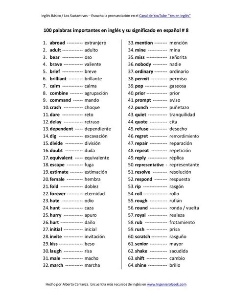 Lista De Palabras En Ingles Y Español Y Su Pronunciacion Mayoría Lista