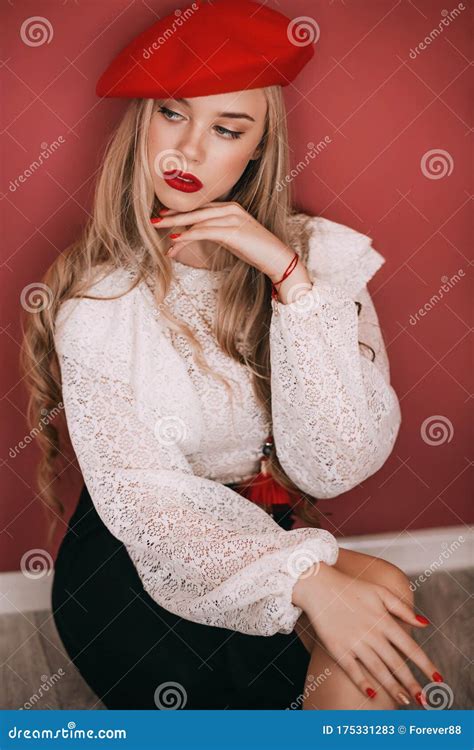 Beautiful Fashion Model In Red Beret In French Stite Stock Image Image Of Makeup French