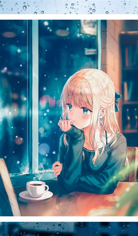 Download 600x1024 Anime Girl Window Raining Coffee