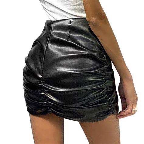 Multitrust Women Pu Leather Bodycon Skirts High Waist Zipper Shiny Solid Short Mini Skirts