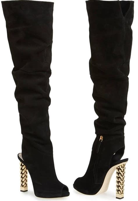 this slouchy over the knee boot makes a glam statement with a golden curb chain heel giuseppe