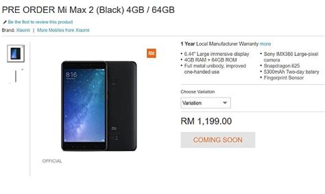 The cheapest price of xiaomi mi max in malaysia is myr499 from shopee. Xiaomi Malaysia opens pre-order for Mi Max 2 and Mi 6 ...
