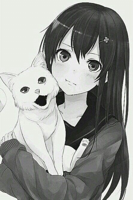 Anime Girl Manga Girl Long Hair Cat Blushing Black And