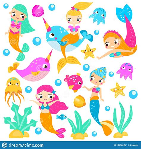 Cute Mermaids Cartoon Mermaid Narwhals Fishes And Other Underwater