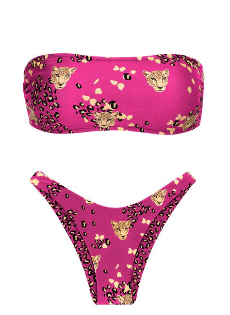 Pink Leopard Print Bandeau Bikini And Tanga Set Roar Pink Bandeau Reto High Leg Rio De Sol