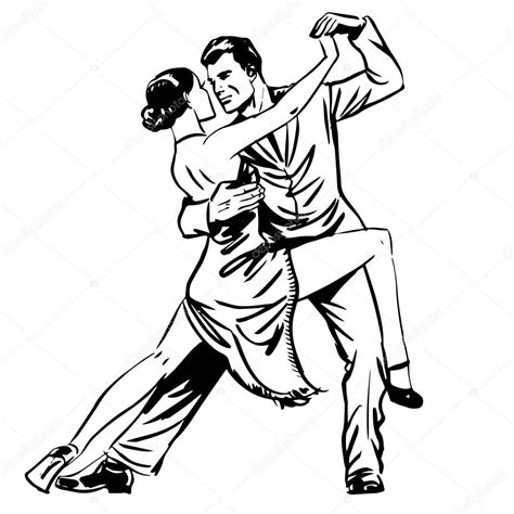 Man And Woman Dancing Couple Tango Retro Line Art — Stock Vector