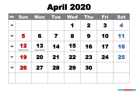 Free Printable April 2020 Calendar Wallpaper