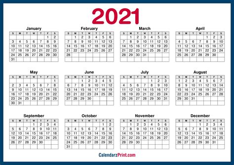 2021 Calendar Printable Free Horizontal Hd Navy Blue