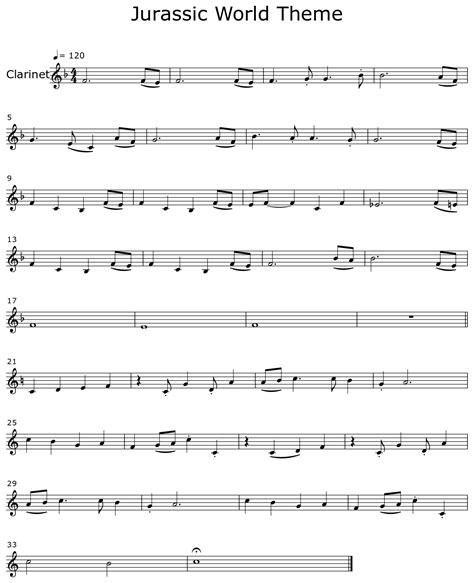 Jurassic World Theme Sheet Music For Clarinet