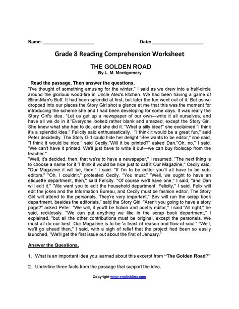 8th Grade Reading Worksheet