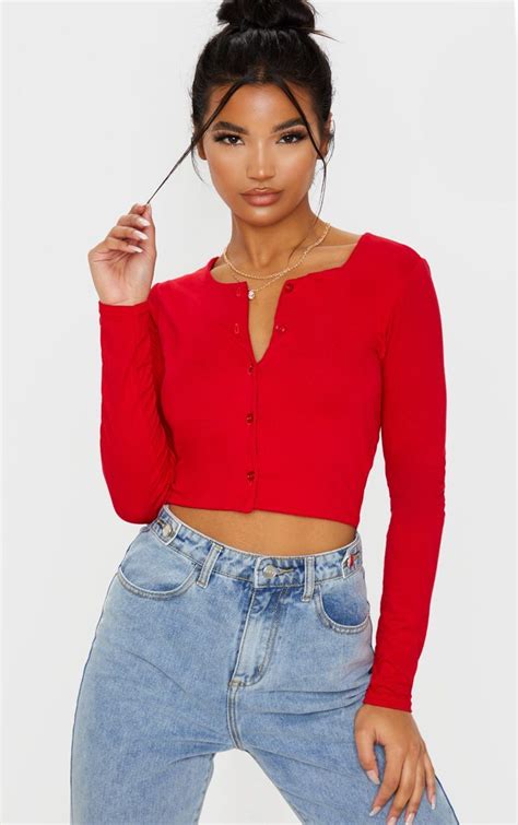 Red Button Front Long Sleeve Crop Top 3000 Aud Red Crop Top Outfit Crop Top Outfits Long