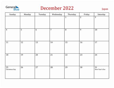 December 2022 Monthly Calendar With Japan Holidays