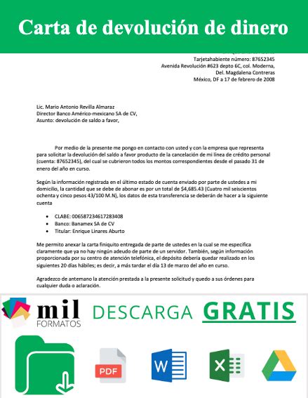 Carta De Devolución De Dinero Formato Y Ejemplo Word Para Imprimir