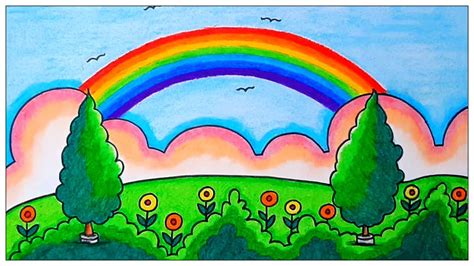 Draw Easy Rainbow 🌈 Scenery Drawing Easy Scenery With Rainbow Youtube