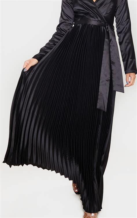 Black Satin Pleated Maxi Dress Dresses Prettylittlething