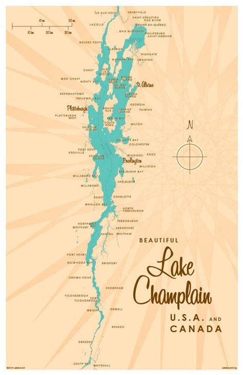 Lake Champlain Map Art Print Lake Champlain Champlain Map Art