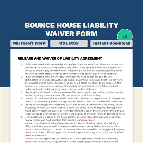 Bounce House Waiver Of Liability Form Letter Size Word Etsy