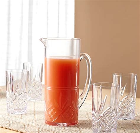 Godinger Pitcher And Highball Drinking Glasses Set Acrylic Shatterproof Water Jug Pitcher With