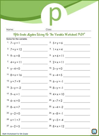 Solve kindergarten level math problems while coloring these 50 pages. Algebra Solving For The Variable Grade 5 Worksheet PDF - Photomath Online