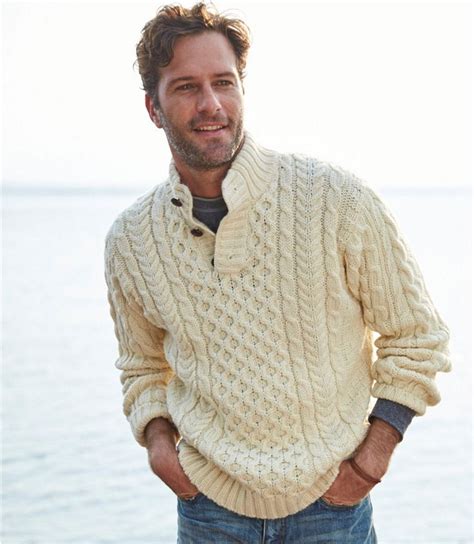 Mens Heritage Sweater Irish Fishermans Button Mock Men Sweater