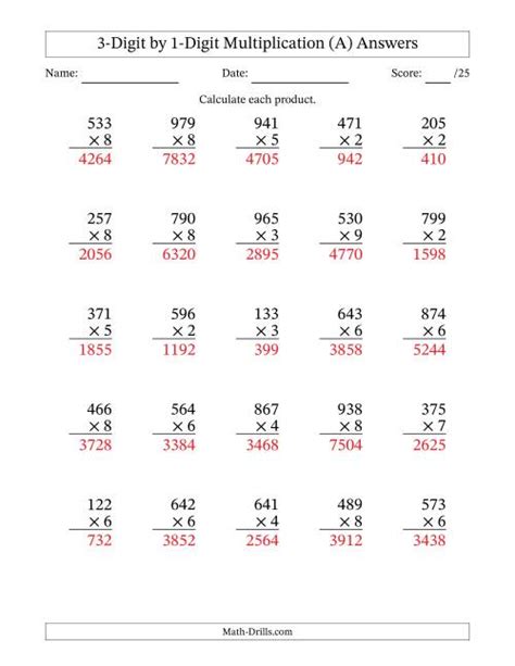 Multiplying 3 Digit By 1 Digit Numbers A