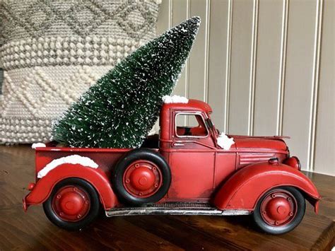 Vintage Style Red Truck Snow Covered With Christmas Tree Christmas