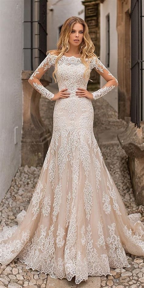 Lace Wedding Dresses Fit And Flare With Illusion Long Sleeves Lace