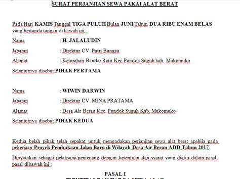 Format Surat Perjanjian Sewa Alat Berat Delinewstv