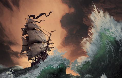 Wallpaper Sea Wave Storm Ship Storm Sailboat Pirates Sails