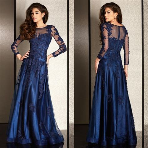 2016 sheer long long sleeve a line dark royal blue evening dresses tulle appliques beaded lace