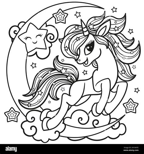 Cartoon Cute Unicorn Black And White Linear Image Vector Stock