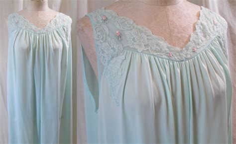 Blue Shadowline Peignior Set Lace Roses Vintage Negligee And Robe M L