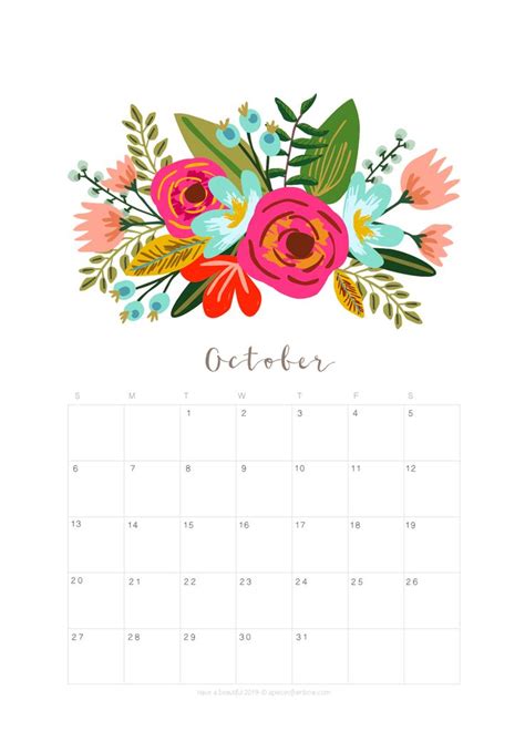 Printable October 2019 Calendar Monthly Planner 2 Designs Flowers