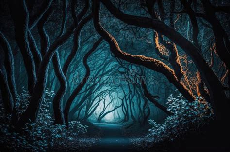 Dark And Mysterious Forest With Towering Trees A Misty Atmosphere And