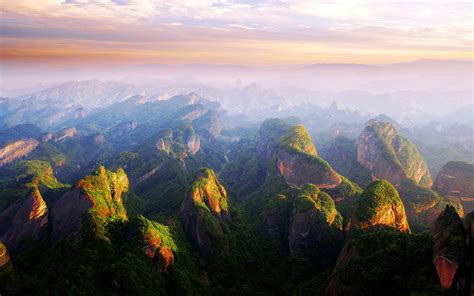 Sunset Mountain China Mist Clouds Forest Cliff