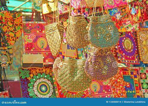 Bright National Indian Colored Bags Are Sold In The Market Of Bazaars