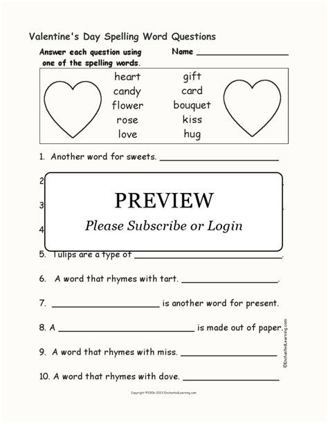 Valentines Day Spelling Word Questions Enchanted Learning