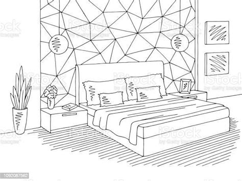 Bedroom Graphic Black White Home Interior Sketch Illustration Vector