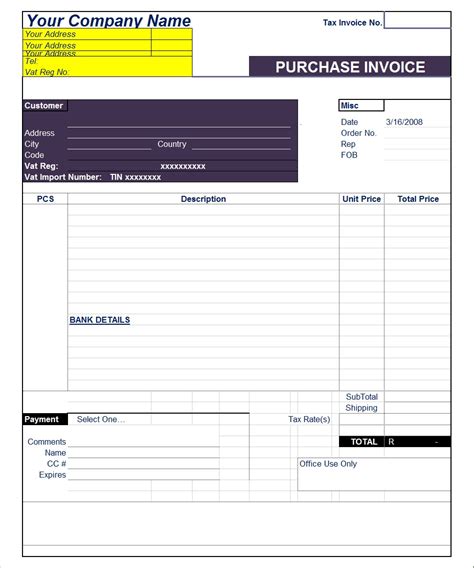 Purchase Invoice Format Templates Free Report Templates