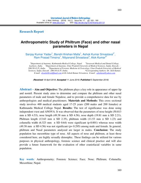Pdf Anthropometric Study Of Philtrum Face And Other Nasal Parameters In Nepal